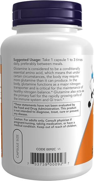 NOW Foods L-Glutamine – 500 mg, Nitrogen Transporter Amino Acid, 120 Veg Capsules