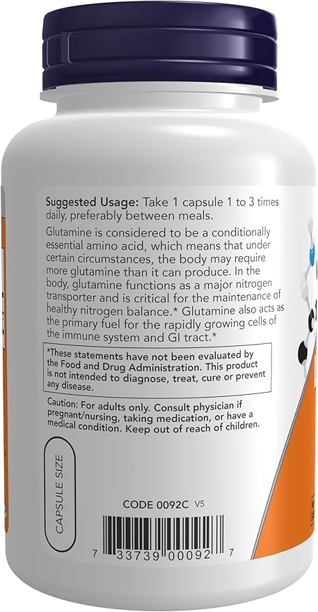 NOW Foods L-Glutamine – 500 mg, Nitrogen Transporter Amino Acid, 120 Veg Capsules
