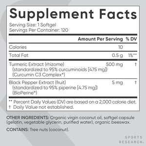 Sports Research Turmeric Curcumin C3 Complex with BioPerine & Coconut Oil – 500mg High Absorption Curcuminoids – Antioxidant & Joint Support – Non-GMO, Gluten-Free – 120 Softgels