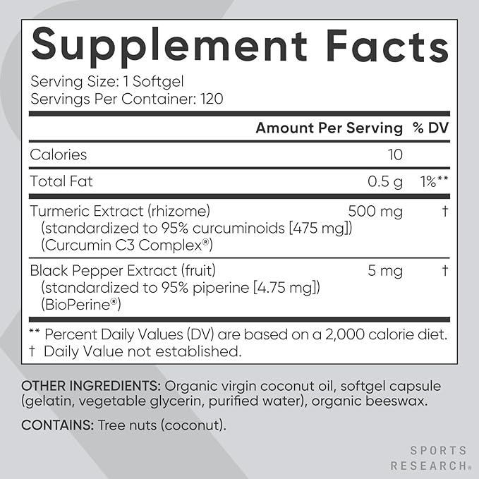 Sports Research Turmeric Curcumin C3 Complex with BioPerine & Coconut Oil – 500mg High Absorption Curcuminoids – Antioxidant & Joint Support – Non-GMO, Gluten-Free – 120 Softgels