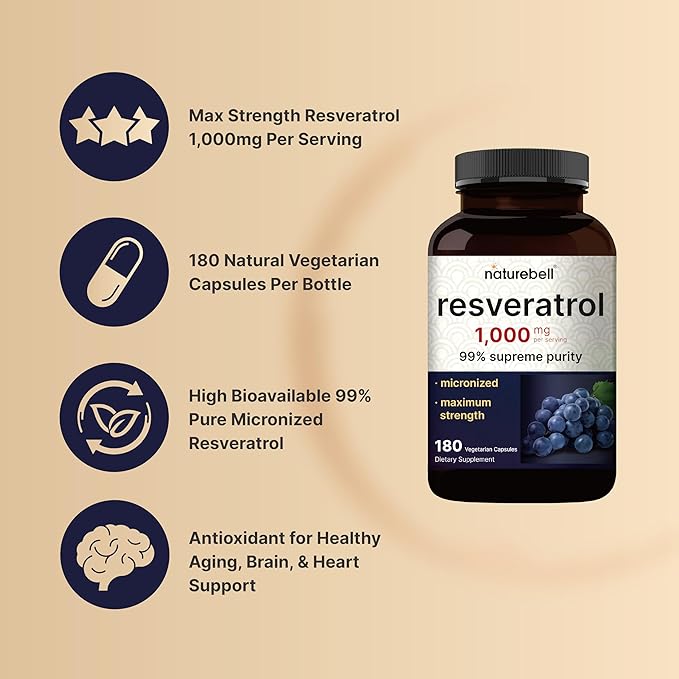 NatureBell Resveratrol 1000mg – 99% Pure Trans-Resveratrol from Polygonum Root – Antioxidant for Healthy Aging, Heart & Brain Support – Vegan, Non-GMO, Gluten-Free – 180 Capsules