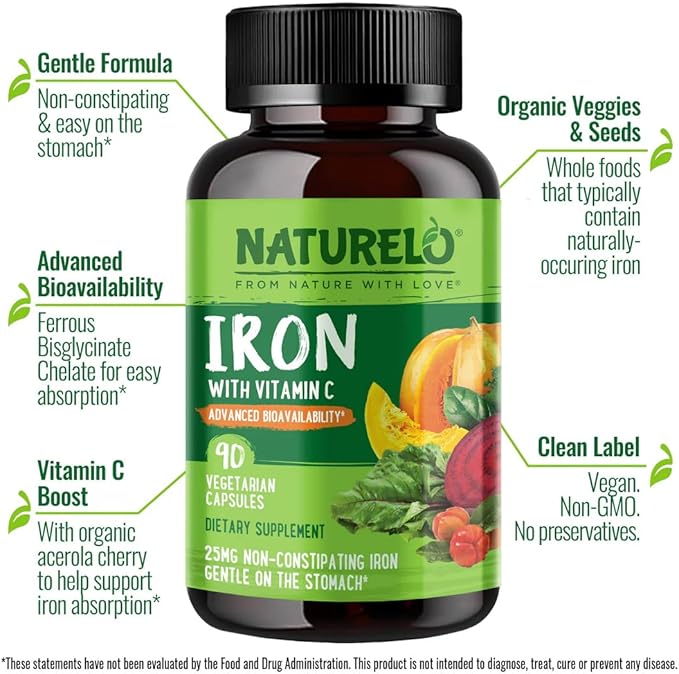 NATURELO Vegan Iron 25mg with Vitamin C & Whole Foods – Gentle, Non-Constipating Iron for Women, Men & Pregnancy – 90 Mini Capsules