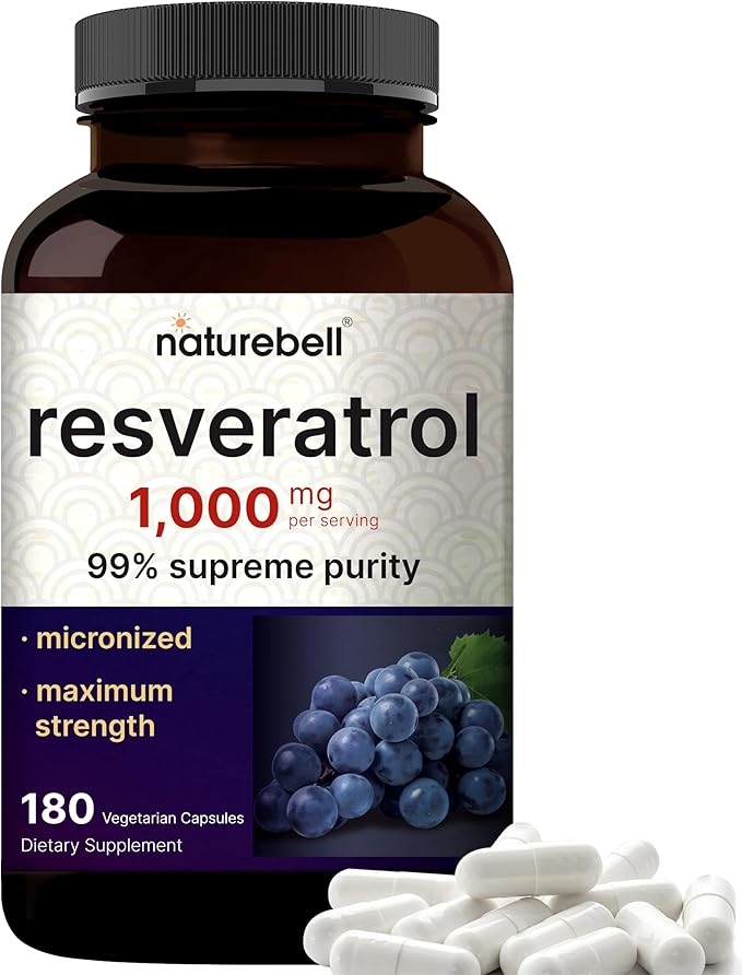 NatureBell Resveratrol 1000mg – 99% Pure Trans-Resveratrol from Polygonum Root – Antioxidant for Healthy Aging, Heart & Brain Support – Vegan, Non-GMO, Gluten-Free – 180 Capsules