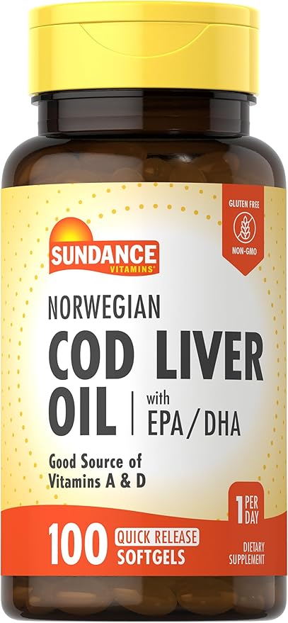 Sundance Norwegian Cod Liver Oil 415mg – Omega-3s with EPA, DHA, Vitamin A & D – Heart, Brain & Immune Support – Non-GMO, Gluten-Free – 100 Softgels