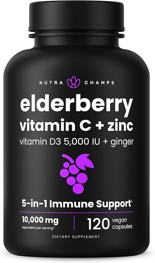 NutraChamps Elderberry Capsules – 10,000mg Sambucus Extract with Vitamin C, Zinc, D3 & Ginger – 5-in-1 Immune Support – Vegan, Non-GMO, Gluten-Free – 60 Capsules