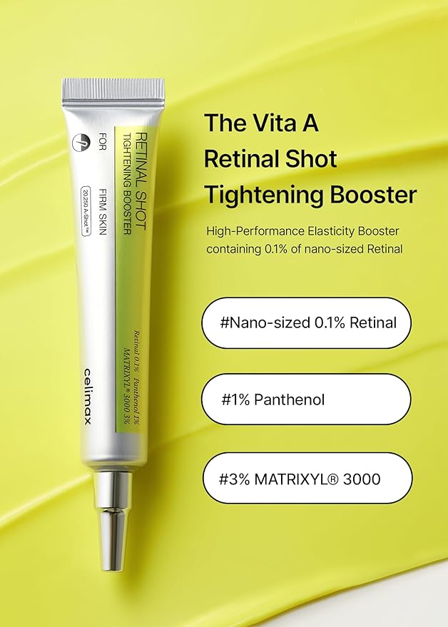 celimax The Vita A Retinal Shot Tightening Booster – 0.1% Retinal, 3% Matryxyl – Pore Minimizer, Wrinkle & Firming Serum – Korean Skincare – Fragrance Free – 15ml