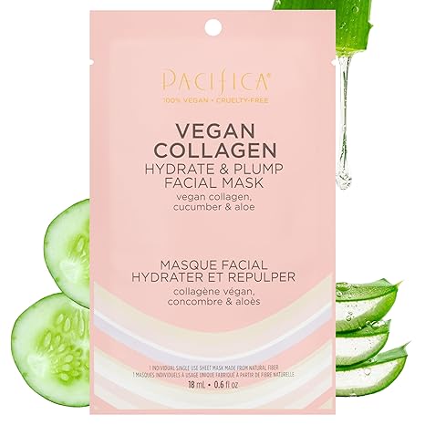 Pacifica Vegan Collagen Sheet Face Mask – Hydrating & Plumping Moisturizing Mask with Cucumber & Aloe for Dry, Aging, Sensitive Skin – Clean Beauty, Cruelty-Free