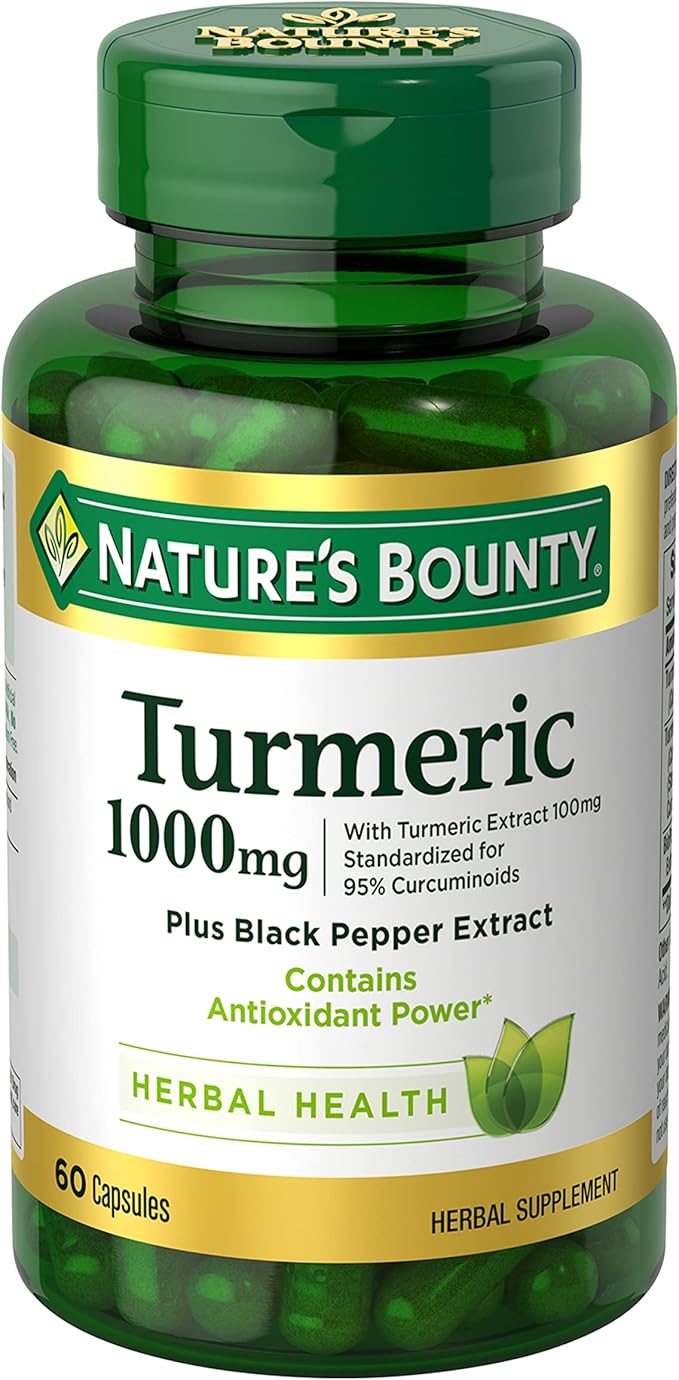 Nature’s Bounty Turmeric 1000mg with Black Pepper – 95% Curcuminoids, Antioxidant & Joint Support – Non-GMO, Gluten-Free – 60 Capsules