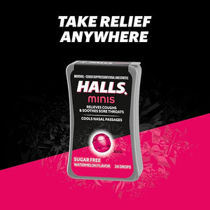 HALLS Minis Sugar Free Cough Drops – Watermelon Flavor – 24 Count – Menthol Lozenges to Soothe Sore Throat, Relieve Cough & Cool Nasal Passages – Pocket-Size Flip-Top Pack