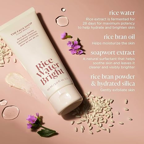 The Face Shop Rice Water Bright Exfoliating Cleanser – Gentle Vegan Korean Face Wash, 150ml
