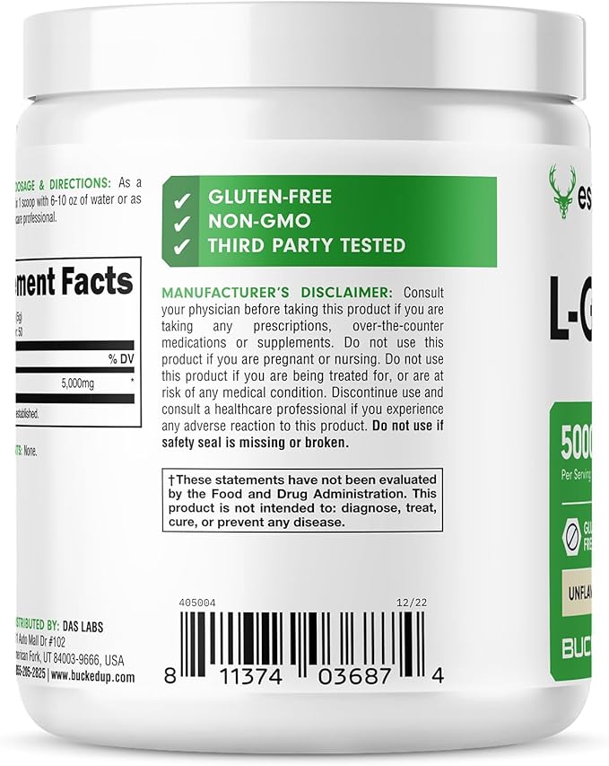 Bucked Up L-Glutamine Powder – 5000mg Per Serving, Essentials, 50 Servings, 250g Container