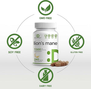 Lion’s Mane Mushroom 7,500mg – 10:1 Fruiting Body & Mycelium Brain & Immune Support – 240 Capsules – Non-GMO