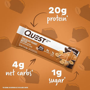 Quest Chocolate Peanut Butter Protein Bars – 20g Protein, 1g Sugar, Keto, Gluten Free, Low Carb, 12 Count