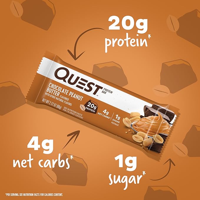 Quest Chocolate Peanut Butter Protein Bars – 20g Protein, 1g Sugar, Keto, Gluten Free, Low Carb, 12 Count
