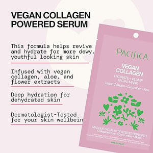 Pacifica Vegan Collagen Sheet Face Mask – Hydrating & Plumping Moisturizing Mask with Cucumber & Aloe for Dry, Aging, Sensitive Skin – Clean Beauty, Cruelty-Free