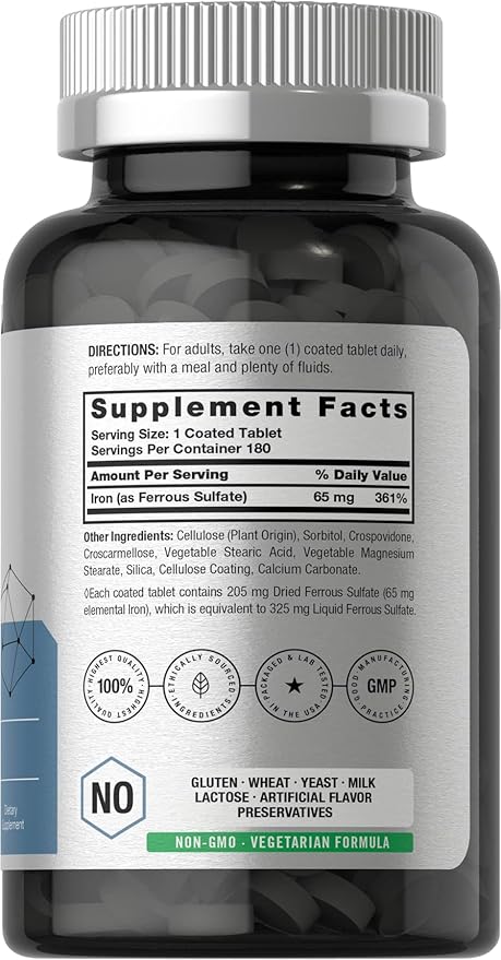 Horbäach Iron Ferrous Sulfate 325mg (65mg Iron) – Red Blood Cell & Energy Support – 180 Vegetarian Tablets