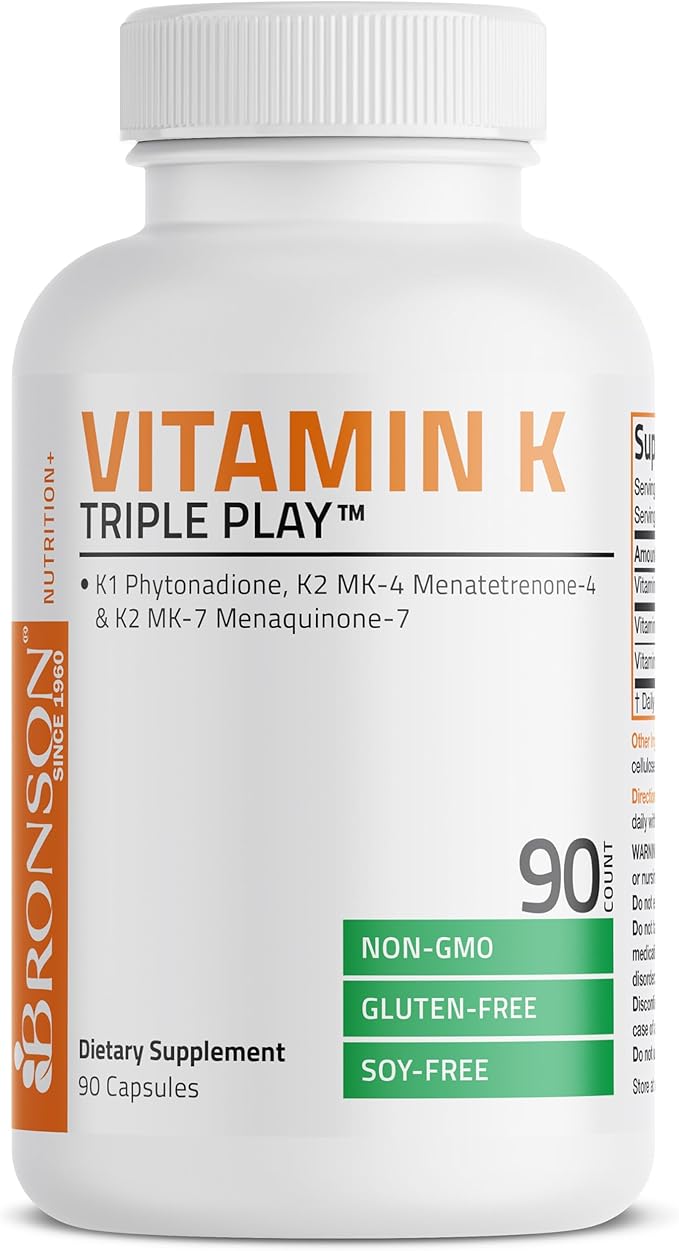 Bronson Vitamin K Triple Play – K2 MK7, K2 MK4, K1 – Full Spectrum Bone & Heart Support – 90 Capsules