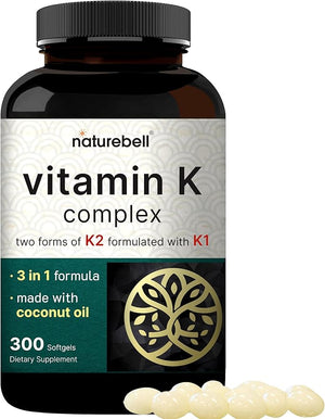 NatureBell Vitamin K Complex – K1 + K2 (MK-7 & MK-4) 2,600mcg – Bone, Heart & Calcium Support – 300 Coconut Oil Softgels – Non-GMO