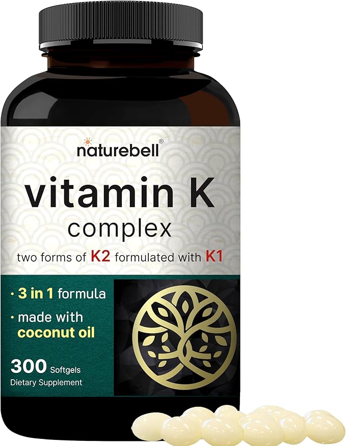 NatureBell Vitamin K Complex – K1 + K2 (MK-7 & MK-4) 2,600mcg – Bone, Heart & Calcium Support – 300 Coconut Oil Softgels – Non-GMO