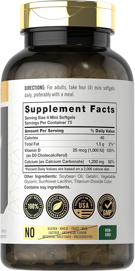 Carlyle Calcium 1200mg with Vitamin D3 – Easy-to-Swallow Bone Health Support – 300 Softgels
