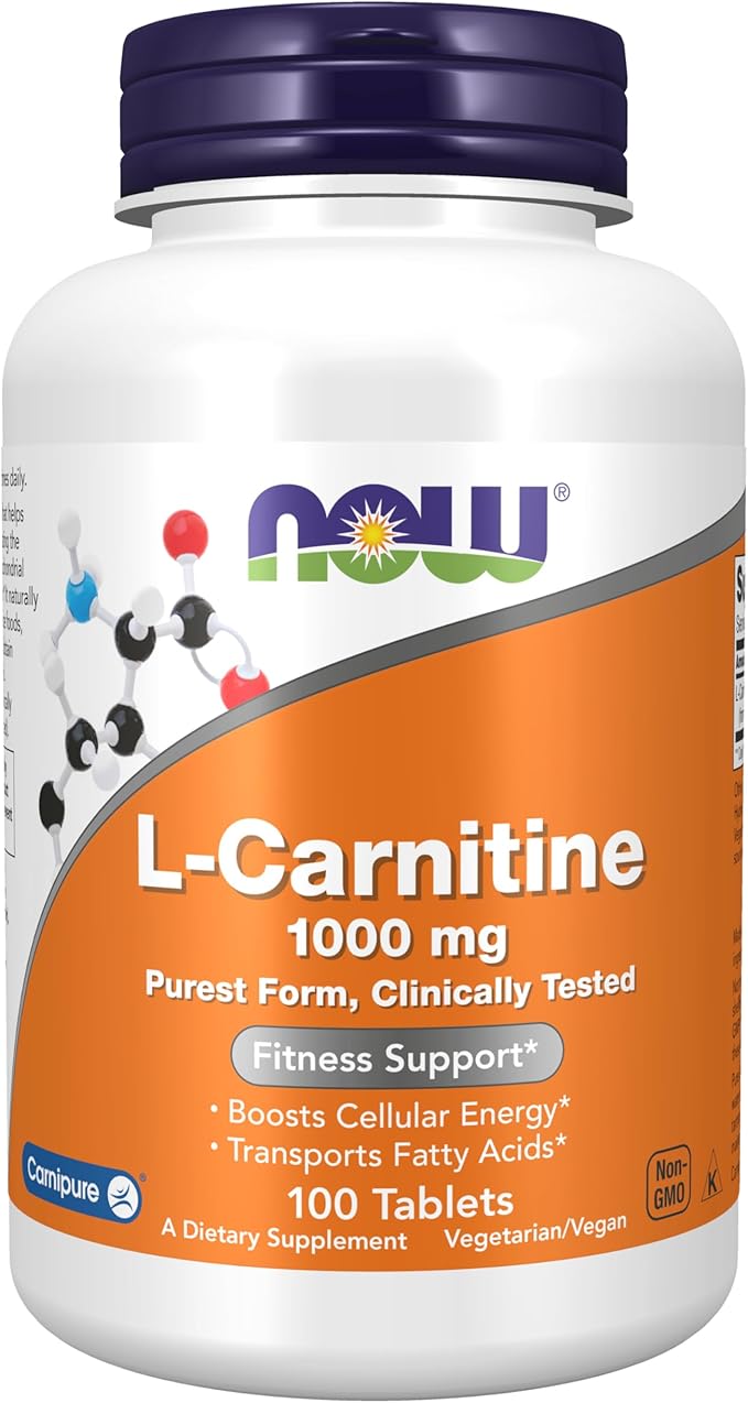 NOW Foods L-Carnitine 1000mg – Carnipure® Amino Acid for Energy & Fat Metabolism – Vegan, Non-GMO, Kosher, Soy-Free – 100 Tablets