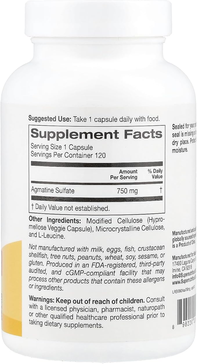SuperNutrition Agmatine Sulfate – 750 mg, 120 Veggie Capsules, Nitric Oxide Support
