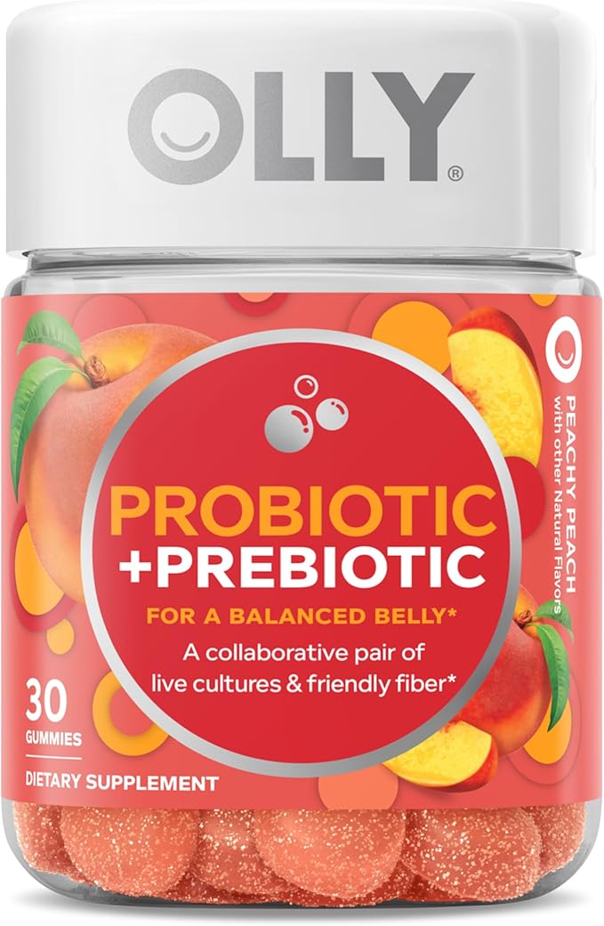 OLLY Probiotic + Prebiotic Gummies – Digestive & Gut Health – 500 Million CFUs + Fiber – Peach Flavor – 30 Gummies – Gluten-Free