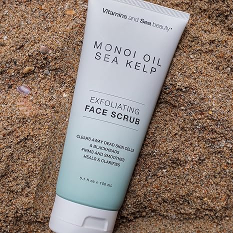 Vitamins and Sea Beauty Exfoliating Face Scrub – Monoi Oil, Sea Kelp & Natural Pumice, Clarifying & Firming Vegan Facial Exfoliator, Paraben-Free, 5.1 fl oz
