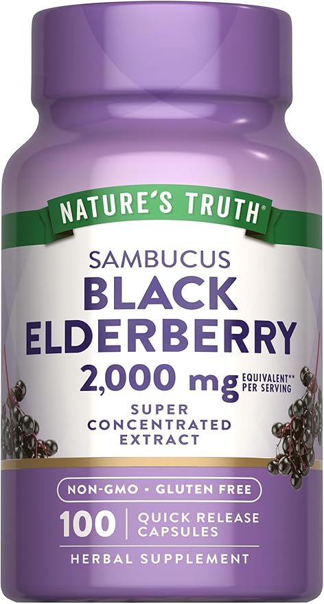 Nature’s Truth Black Elderberry Capsules – 2000mg Sambucus Extract – Super Concentrated Immune Support – Non-GMO, Gluten-Free – 100 Quick Release Capsules