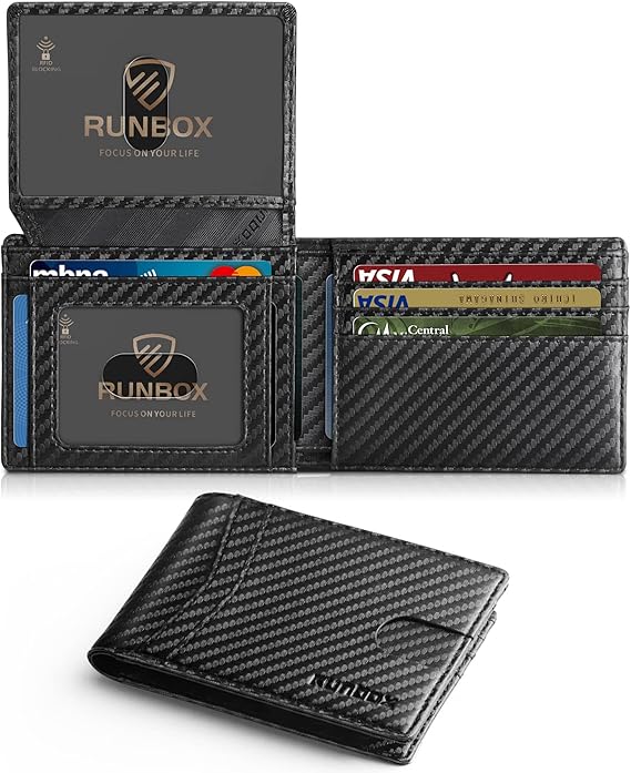 RUNBOX Slim RFID Leather Wallet for Men, 2 ID Windows, Minimalist Bifold, Gift Box, Travel Accessory