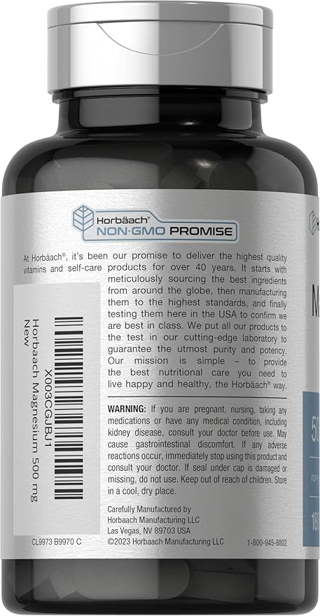 Horbäach Magnesium 500mg – Muscle, Nerve & Bone Support – 180 Vegetarian Caplets – Non-GMO, Gluten Free