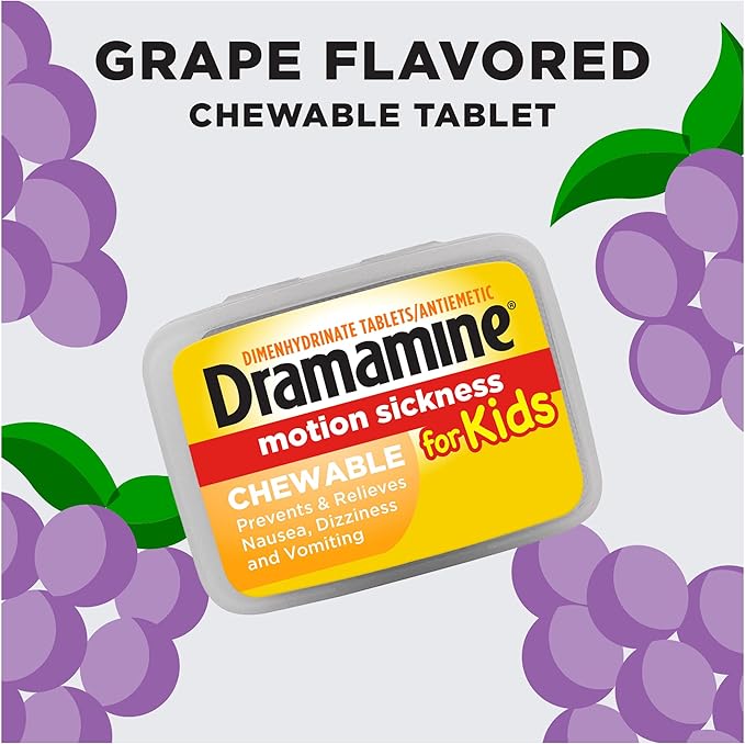 Dramamine Kids Chewable Motion Sickness Relief Tablets Grape Flavor – 8 Count per Pack, 3 Travel Packs – Safe for Ages 2 to 12
