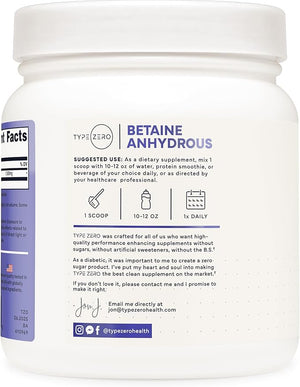 Type Zero Betaine Anhydrous Powder – Unflavored, 1 lb, 1500mg Per Serving, Keto & GMO-Free