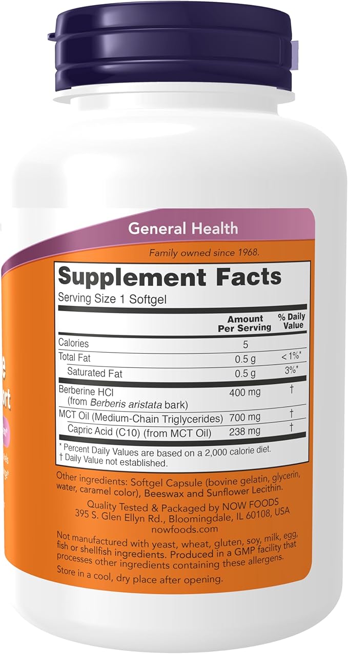 NOW Foods Berberine Glucose Support with MCT Oil – Blood Sugar & Lipid Metabolism – Non-GMO, Gluten-Free – 90 Softgels