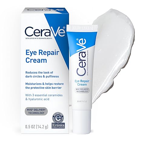CeraVe Eye Repair Cream – Under Eye Cream for Puffiness & Bags, Hyaluronic Acid, Niacinamide, Ceramides, Oil-Free, Ophthalmologist Tested, 0.5 oz