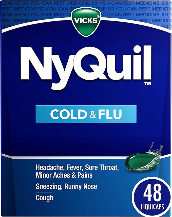 VICKS NyQuil Cold & Flu Relief LiquiCaps – Nighttime Multi-Symptom Medicine for Cough, Fever, Headache, Sneezing & Runny Nose, 48 Count