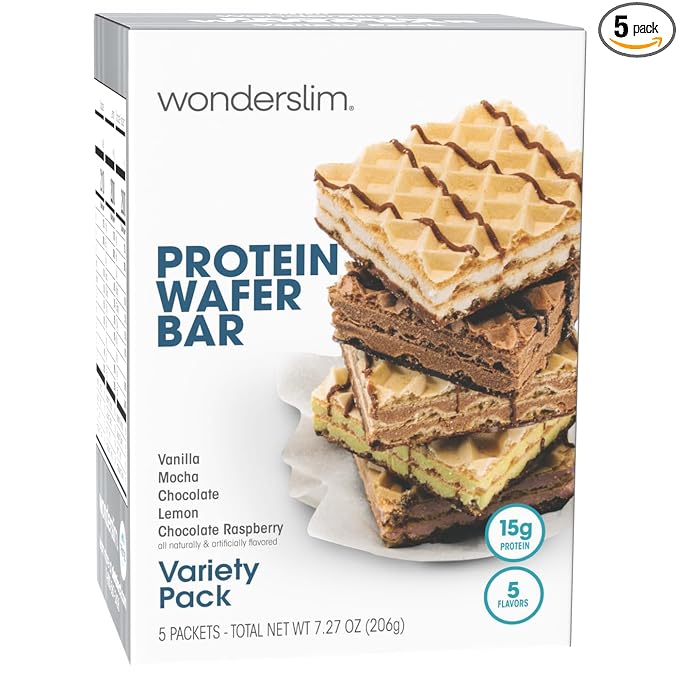 WonderSlim Protein Wafer Snack Bar Variety Pack – 15g Protein, Low Sugar, 0mg Cholesterol, Crunchy, 5 Flavors, 5ct