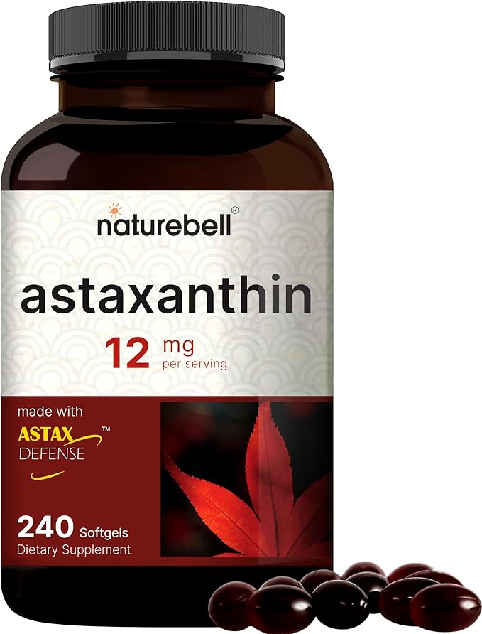 NatureBell Astaxanthin 12mg – Natural Microalgae Antioxidant for Skin, Eyes & Heart Health – Non-GMO, Gluten-Free – 240 Softgels (4 Month Supply)