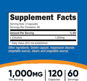 Nutricost L-Citrulline 500mg Capsules – Gluten-Free, Non-GMO, 120 Capsules, 1000mg Per Serving
