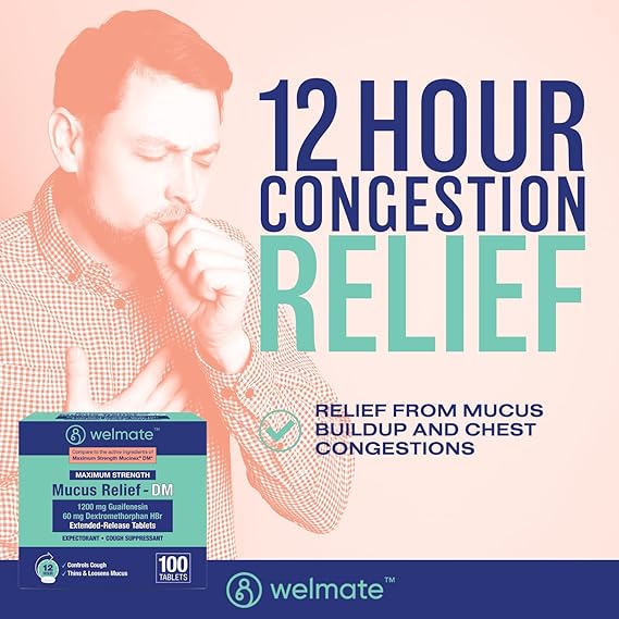 WELMATE Mucus Relief DM, 100 Tablets – 12-Hour Cough Suppressant & Expectorant with Guaifenesin & Dextromethorphan