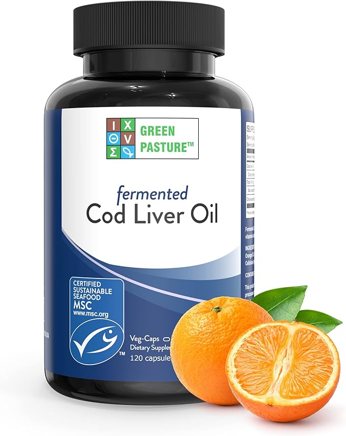 Green Pasture Fermented Cod Liver Oil – Orange Flavor – High in Vitamins A & D, Omega-3 EPA & DHA – Immune, Heart & Joint Support – Non-GMO, Gluten-Free – 120 Capsules