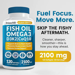 5-in-1 Omega-3 Fish Oil 2100mg – with Vitamin D3, K2 & CoQ10 – Heart, Brain & Immune Support – Lemon Flavored, Non-GMO, Gluten-Free – 120 Softgels