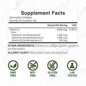 DEAL SUPPLEMENT Vitamin K Complete – K1, K2 MK-7 & MK-4 – Bone, Joint & Heart Support – 240 Coconut Oil Softgels – Non-GMO