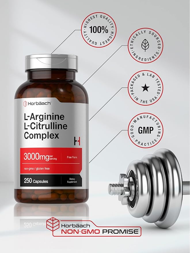 Horbäach L-Arginine L-Citrulline Complex – 3000mg Amino Acid Supplement – Nitric Oxide Booster, Blood Flow & Endurance – Non-GMO, Gluten-Free – 250 Capsules