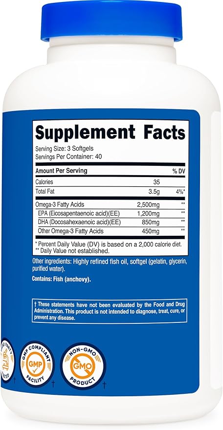 Nutricost Omega-3 Fish Oil 2500mg – High EPA 1200mg & DHA 850mg – Wild-Caught, Non-GMO, Gluten-Free – 120 Softgels (40 Servings)
