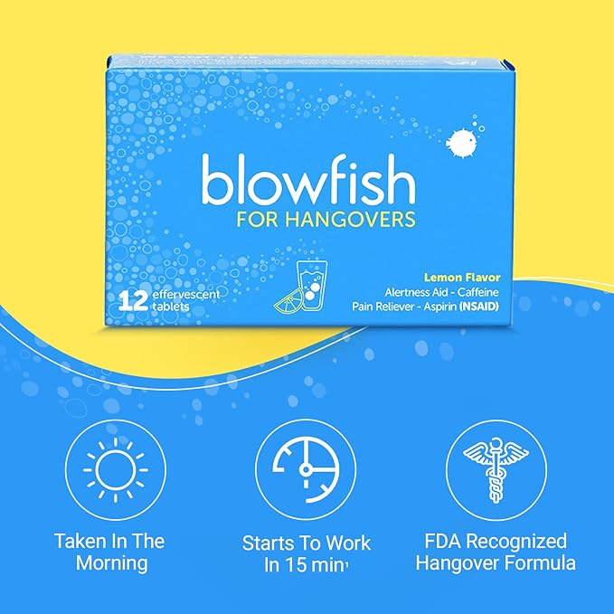 Blowfish for Hangovers – Fast Hangover Relief Tablets with Caffeine & Aspirin, Headache & Nausea Treatment, Hydration & Energy Booster, Lemon Effervescent, 1 Box