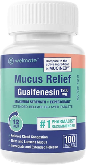 WELMATE Mucus Relief, 100 Tablets – 1200mg Guaifenesin Expectorant – 12-Hour Chest Congestion Relief