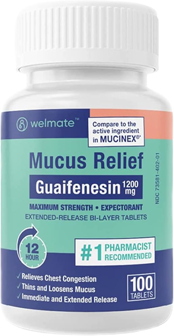 WELMATE Mucus Relief, 100 Tablets – 1200mg Guaifenesin Expectorant – 12-Hour Chest Congestion Relief