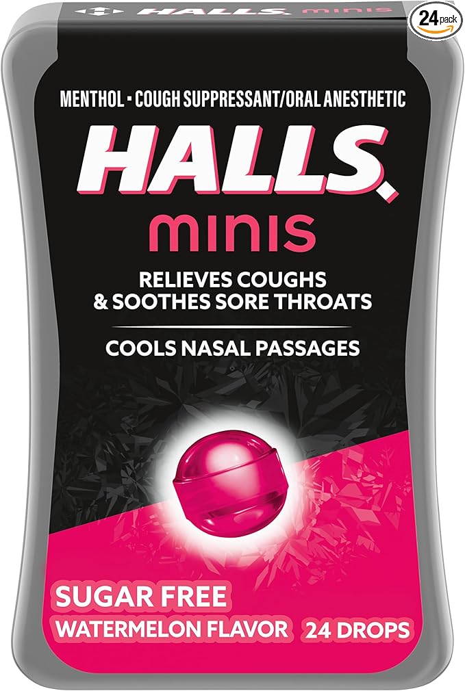 HALLS Minis Sugar Free Cough Drops – Watermelon Flavor – 24 Count – Menthol Lozenges to Soothe Sore Throat, Relieve Cough & Cool Nasal Passages – Pocket-Size Flip-Top Pack