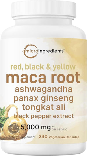 Maca Root Capsules 5000mg with Ashwagandha, Panax Ginseng, Tongkat Ali & Black Pepper – Energy, Mood & Hormone Balance – Non-GMO, Gluten-Free – 240 Veggie Capsules